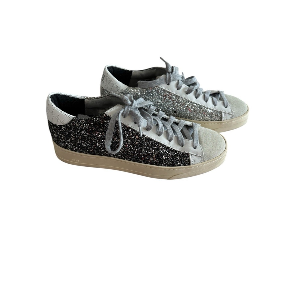 P448 John Sneakers Women 40 Silver Charcoal Glitter Excellent Low Top Leather